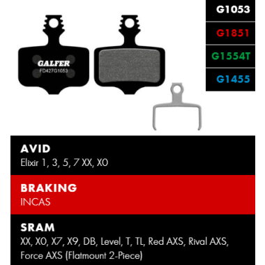 Klocki hamulcowe Galfer AVID Elixir 1, 3, 5, 7 XX, X0 | SRAM XX, X0, X7, X9, DB, Level, T, TL, Red AXS, Rival AXS, Force AXS - Standard