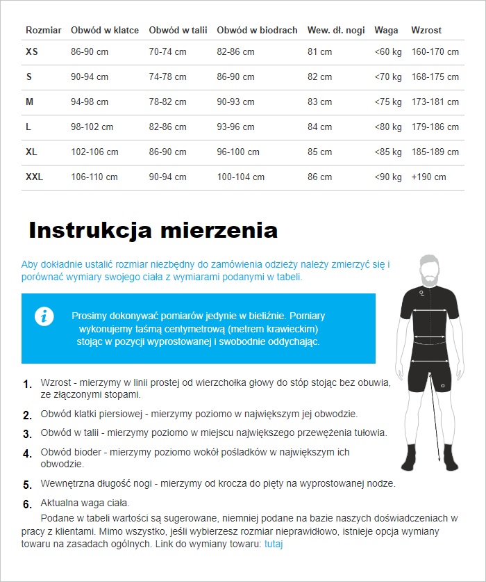 RASO - tabela rozmiarów polskich koszulek kolarskich